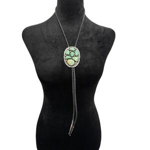 Sterling Silver Turquoise Bolo Tie Mens OS Green Southwestern Signed MT